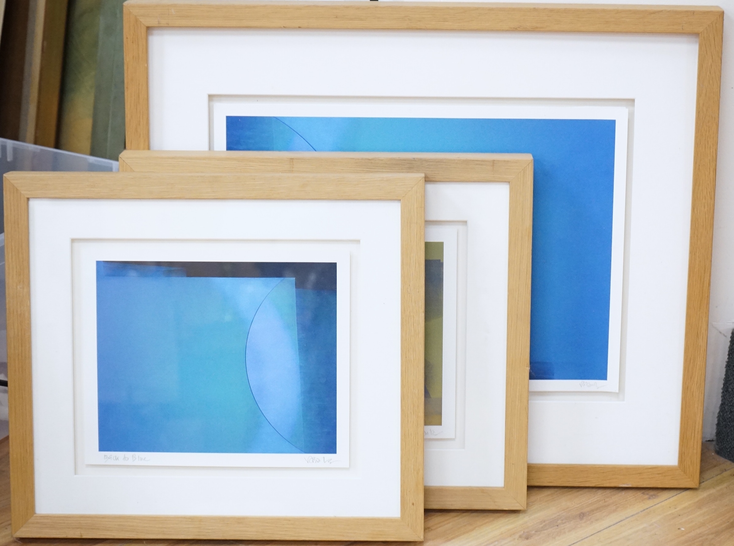 Valda Bailey (contemporary), abstract compositions to include ‘Back to Blue’, each signed in pencil, three photographic prints, largest 33 x 45cm